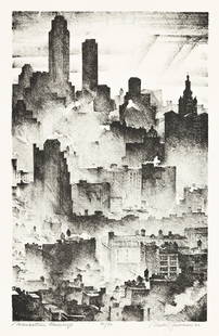 MARK FREEMAN Manhattan Backdrop.: MARK FREEMAN Manhattan Backdrop. Lithograph, 1933. 353x222 mm; 14x8¾ inches, full margins. Signed, titled, dated and numbered 30/90 in pencil, lower margin. A very good impression.