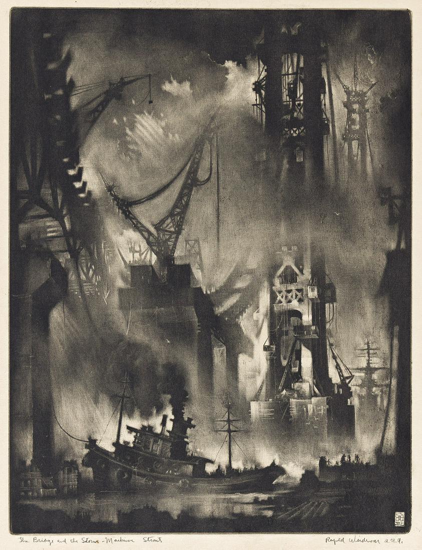 REYNOLD WEIDENAAR The Bridge and the Storm.: REYNOLD WEIDENAAR The Bridge and the Storm. Mezzotint, 1957. 431x330 mm; 17x13 inches, full margins. Edition of 100. Signed and titled in pencil, lower margin. A brilliant, richly-inked, luminous impr