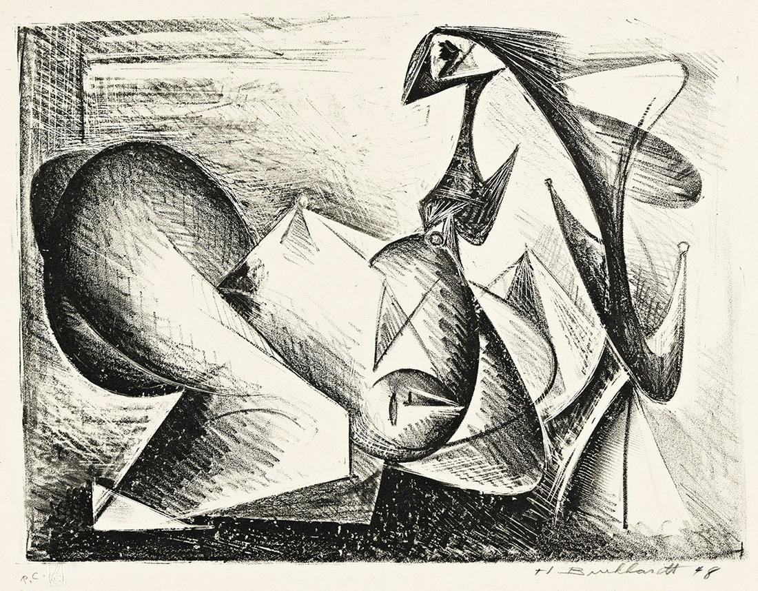 HANS BURKHARDT Lovers.: HANS BURKHARDT Lovers. Lithograph, 1948. 225x302 mm; 8x11 inches, full margins. Printer's proof, from an edition of less than 10. Signed, dated, and inscribed "P.C." in pencil, lower margin. Printed b
