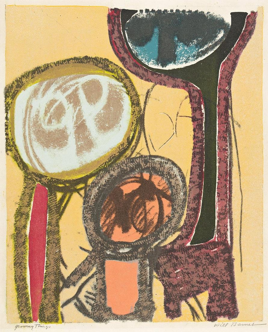 WILL BARNET Growing Things.: WILL BARNET Growing Things. Color lithograph, 1952. 430x350 mm; 17x13¾ inches, full margins. Artist's proof, aside from the edition of 10. Signed and titled in pencil, lower margin. A very good i
