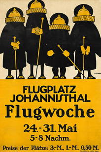 JULIUS KLINGER (1876-1942). FLUGPLATZ JOHANNISTHAL / FLUGWOCHE. Circa 1910. 26½x17½: JULIUS KLINGER (1876-1942) FLUGPLATZ JOHANNISTHAL / FLUGWOCHE. Circa 1910. 26 1/2x17 1/2 inches, 67 1/4x44 1/2 cm. Hollerbaum & Schmidt, Berlin. Condition B: creases and restoration at edges, in image