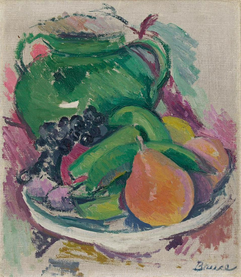 PATRICK HENRY BRUCE (1881 - 1937, AMERICAN) Fruit and Green Pot.: PATRICK HENRY BRUCE (1881 - 1937, AMERICAN) Fruit and Green Pot. Oil on canvas. Signed, Bruce, lower right. 330x285 mm; 13x11 1/4 inches. Provenance: The collection of Benjamin Garber, Saint Martin, N