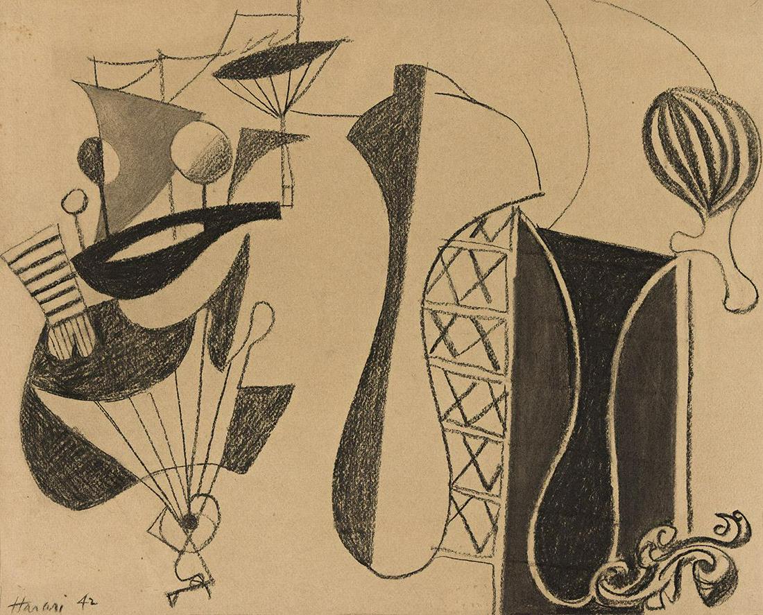 HANANIAH HARARI (1912 - 2000, AMERICAN) Airship and Boat Forms.: HANANIAH HARARI (1912 - 2000, AMERICAN) Airship and Boat Forms. Charcoal on brown paper, 1942. Signed, Harari, and dated, 42, lower left. 324x400 mm; 12 3/4x15 3/4 inches. Artist or Maker Hananiah Har