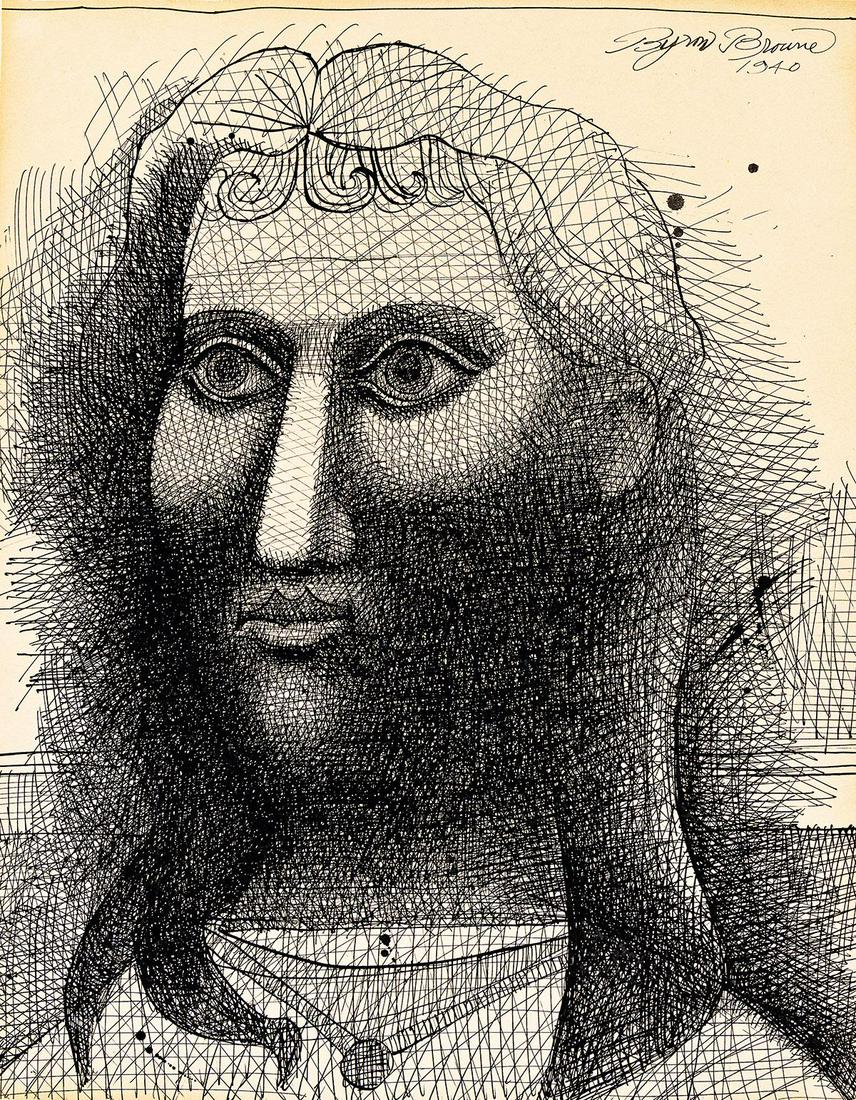 BYRON BROWNE (1907 - 1961, AMERICAN) Head of a Woman.: BYRON BROWNE (1907 - 1961, AMERICAN) Head of a Woman. Ink on paper, 1940. Signed, Byron Browne, and dated, 1940, upper right. 458x368 mm; 18x14 1/2 inches. Provenance: Private collection, NY. Artist o