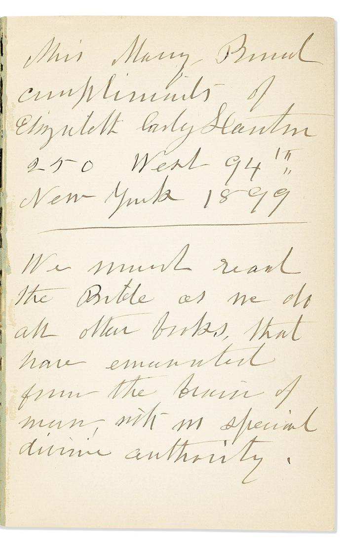 Stanton, Elizabeth Cady (18151902) The Woman's Bible, Signed And Inscribed By Stanton. Auction