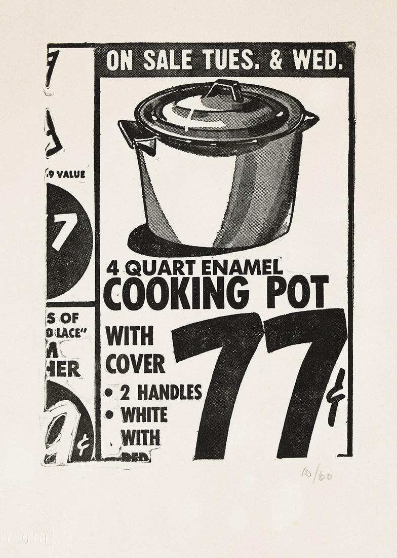 ANDY WARHOL Cooking Pot.: ANDY WARHOL Cooking Pot. Photoengraving on Rives BFK, 1962. 156x111 mm; 6x4½ inches, full margins. Numbered 10/60 in pencil, lower right, and with the artist's embossed signature, lower left. Pri