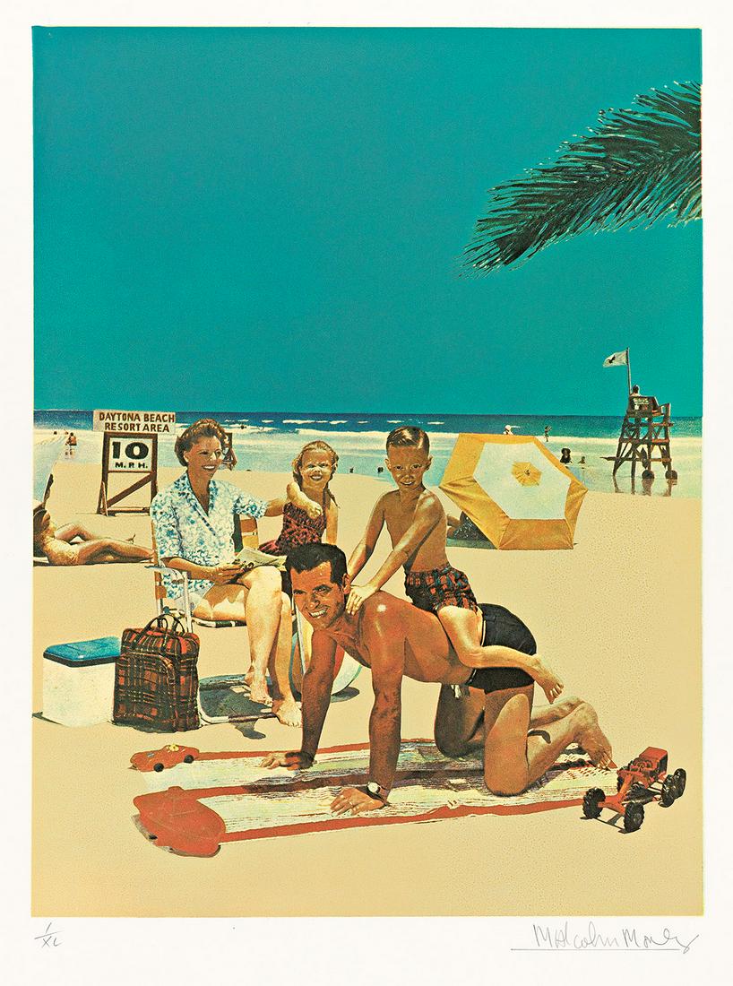 MALCOLM MORLEY Beach Scene.: MALCOLM MORLEY Beach Scene. Color screenprint on Rives BFK, 1969. 510x380 mm; 20x15 inches, full margins. One of 40 numbered artist's proofs, aside from the edition of 60. Signed and numbered I/XL in