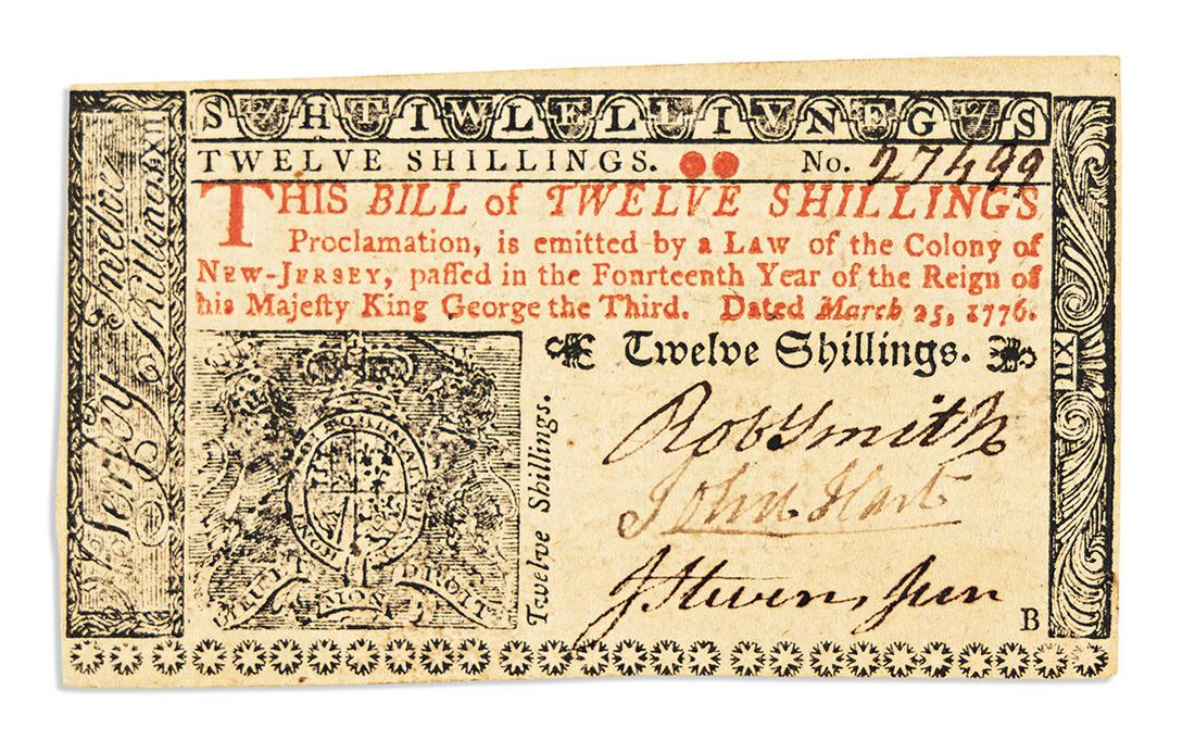 HART, JOHN. Colonial banknote Signed, as Member of the First Provincial Congress of New Jersey,: SIGNER HART, JOHN. Colonial banknote Signed, as Member of the First Provincial Congress of New Jersey, engraved 12-shilling note issued by the Colony of New Jersey. Countersigned by Robert Smith and J