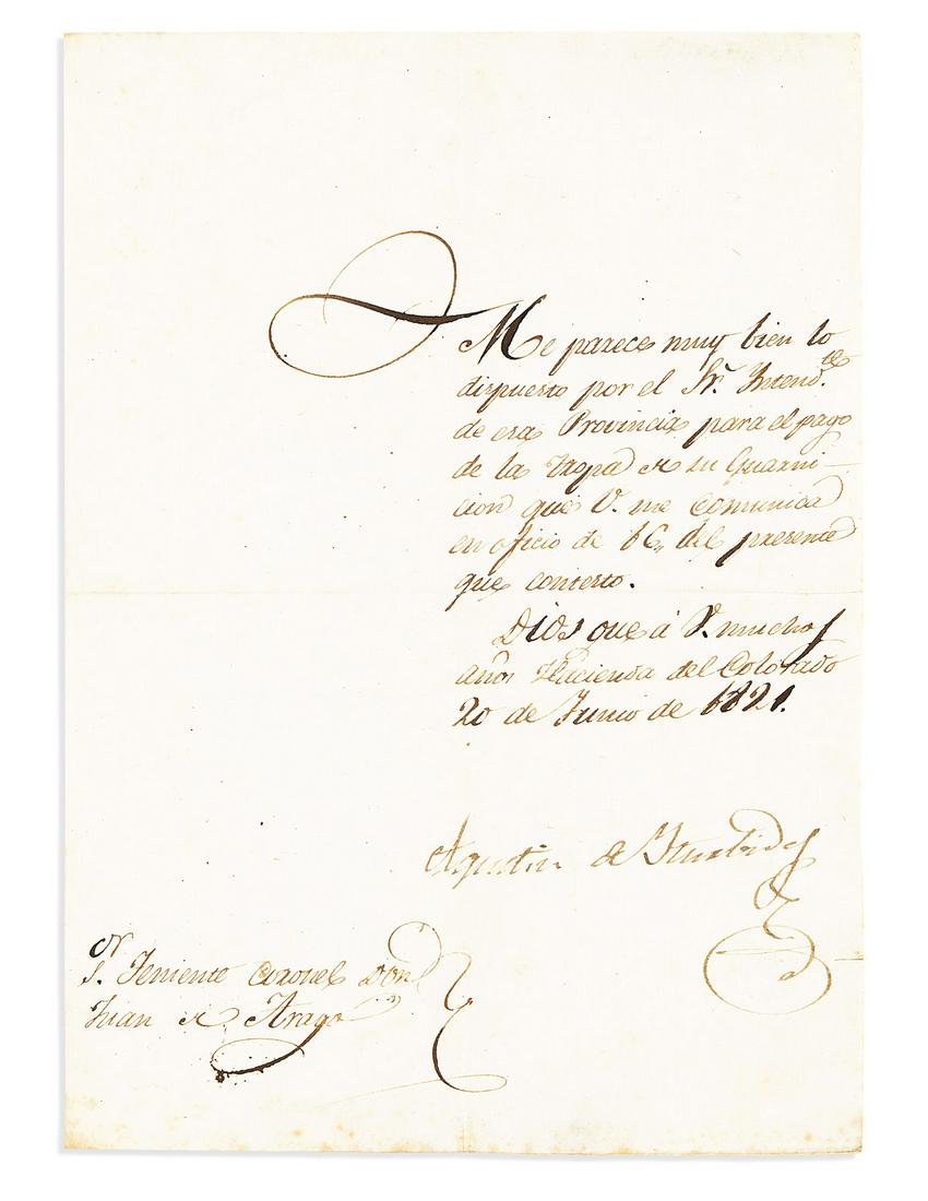 ITURBIDE, AGUSTÃN DE. Brief Letter Signed, to Lieutenant Colonel Juan de Arago, in Spanish, (1 of 1)