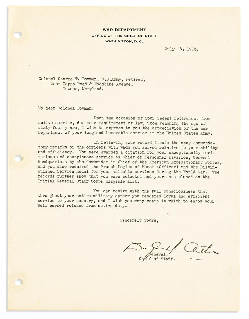 MACARTHUR, DOUGLAS. Typed Letter Signed, to Colonel George T. Bowman ("My dear Colonel Bowman"), (1 of 1)
