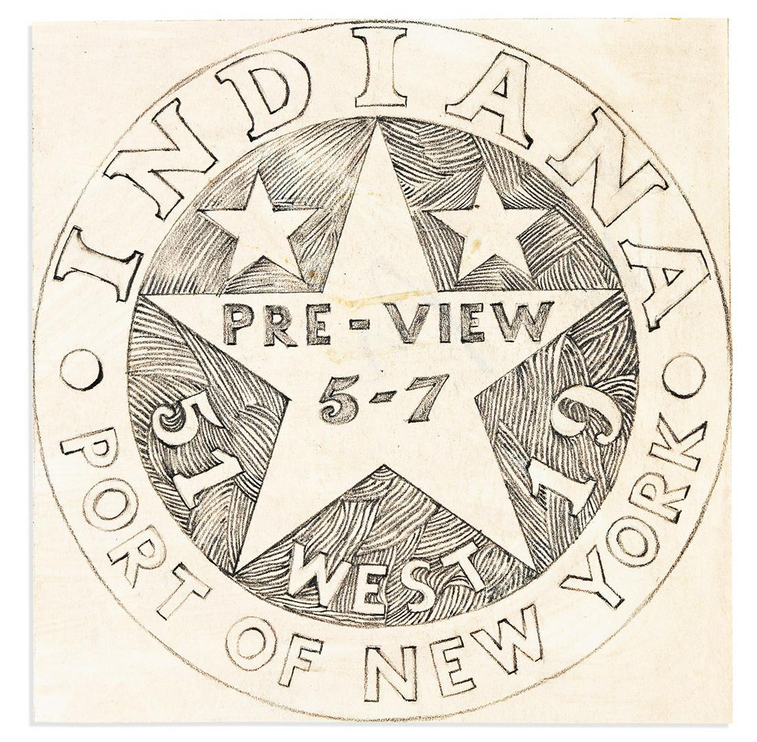 INDIANA, ROBERT. Three graphite drawings, designs for his invitation to the exhibition Premiums:: INDIANA, ROBERT. Three graphite drawings, designs for his invitation to the exhibition Premiums: Stephen Durkee, Robert Indiana, and Richard Smith, held at the Studio for Dance Gallery in New York bet