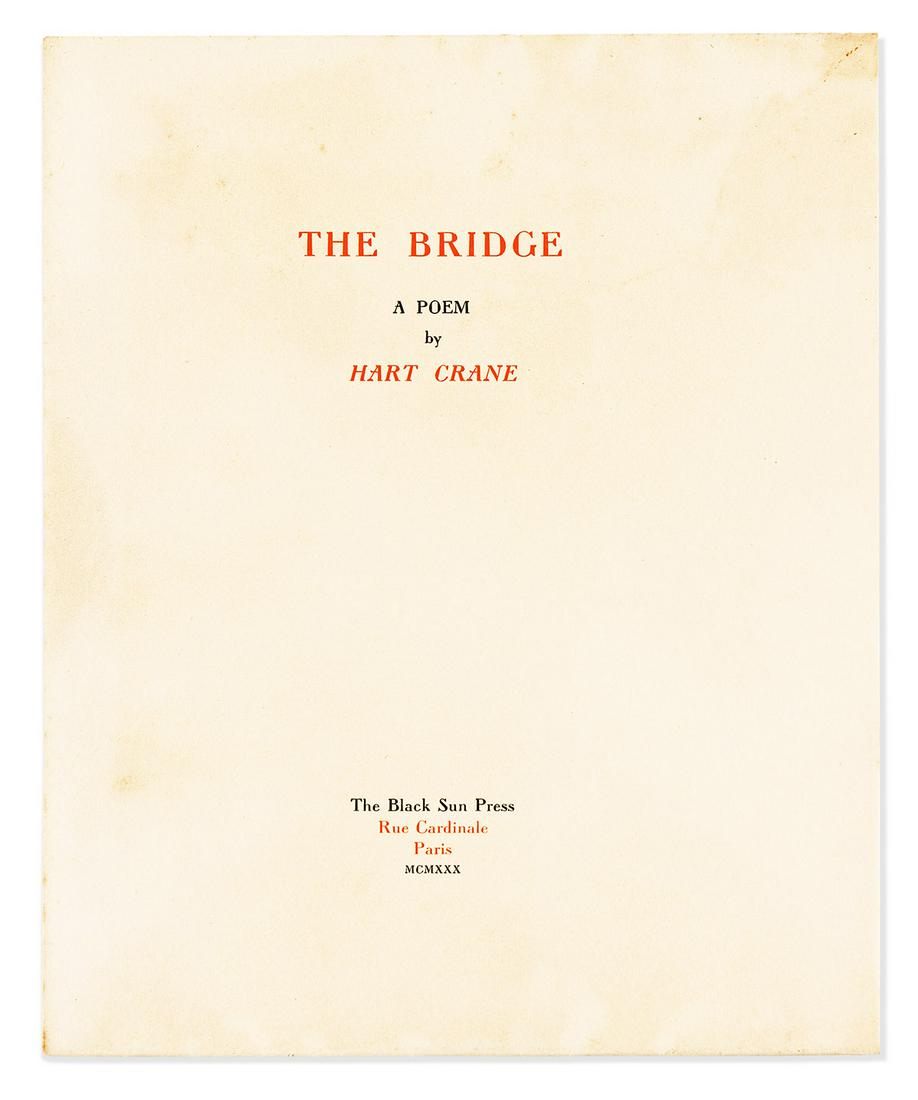 CRANE, HART. The Bridge. A Poem.: CRANE, HART. The Bridge. A Poem. Printed in red and black. With 3 photographs by Walker Evans. 4to, publisher's printed wrappers, some toning and smudging to front cover, spine foxed; uneven toning to