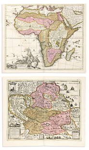 (AFRICA.) Pieter Schenk and Gerard Valk. Two attractive double-page engraved maps.: (AFRICA.) Pieter Schenk and Gerard Valk. Two attractive double-page engraved maps. 19¾x24 inches each sheet size, wide margins; strong original hand-color; minor offset but generally quite nice.