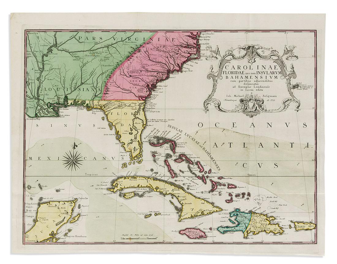 (AMERICAN SOUTHEAST.) Mark Catesby; and Johann Michael Seligmann. Carolinae Floridae nec non: (AMERICAN SOUTHEAST.) Mark Catesby; and Johann Michael Seligmann. Carolinae Floridae nec non Insularum Bahamensium. Engraved folding map of Southeastern North America, Bahamas, Cuba, Jamaica, Hispanio
