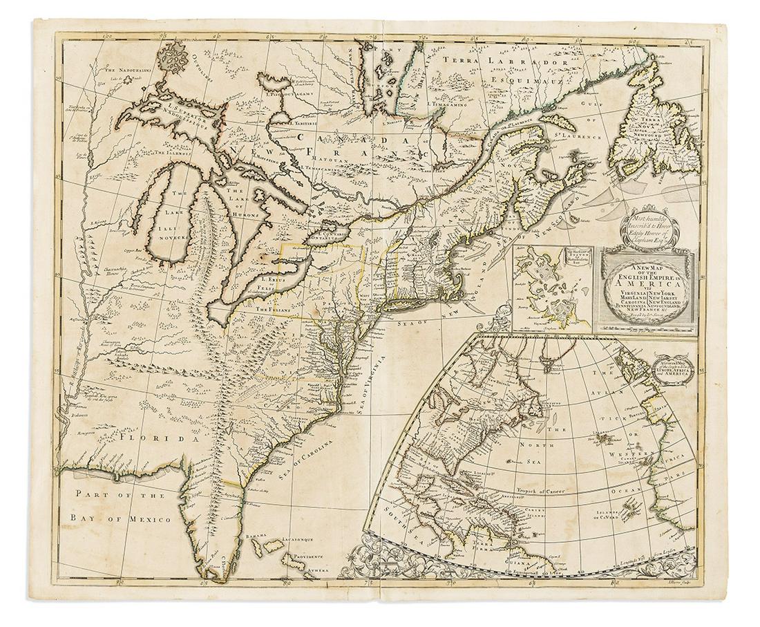 (COLONIAL NORTH AMERICA.) John Senex; after Robert Morden. A New Map of the English Empire in: (COLONIAL NORTH AMERICA.) John Senex; after Robert Morden. A New Map of the English Empire in America. Double-page engraved map of colonial North America east of the Mississippi River with insets of B