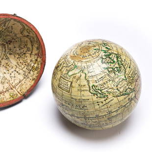 (GLOBES.) Style of Herman Moll. A Correct Globe with the New Discoveries.: (GLOBES.) Style of Herman Moll. A Correct Globe with the New Discoveries. 2&#190;-inch miniature terrestrial pocket globe comprised of 12 hand-colored engraved gores and 2 polar calottes on a plaster