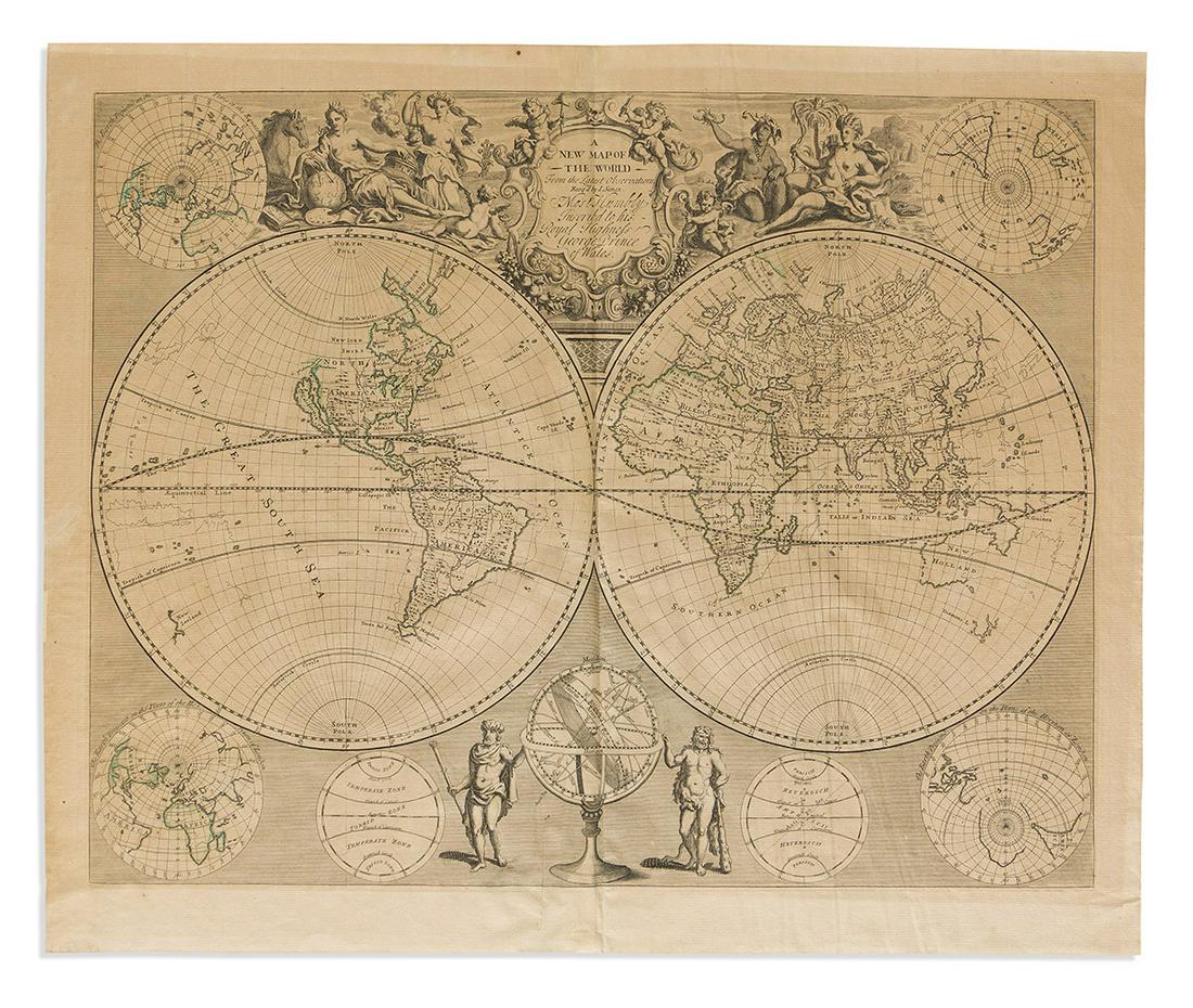 (WORLD.) John Senex. A New Map of the World from the Latest Observations.: (WORLD.) John Senex. A New Map of the World from the Latest Observations. Double-page engraved double-hemispheric world map with attractive allegorical ornamentation and inset polar projections. 19x23