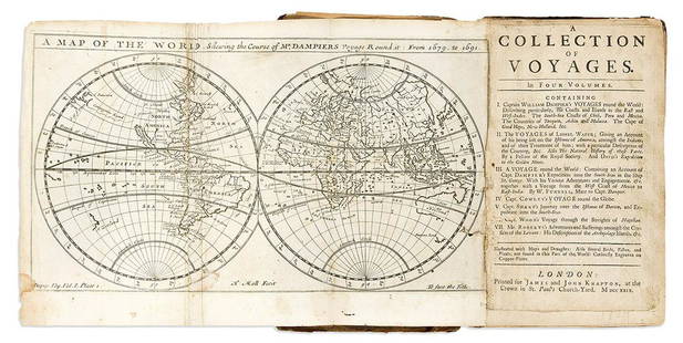 (TRAVEL.) William Dampier; and Herman Moll. A Collection of Voyages.: (TRAVEL.) William Dampier; and Herman Moll. A Collection of Voyages. 55 (of 63) engraved maps, coast profiles, and natural history plates by Moll and others. Volumes 1, 3, and 4 only. 8vo, 8x5 inches,