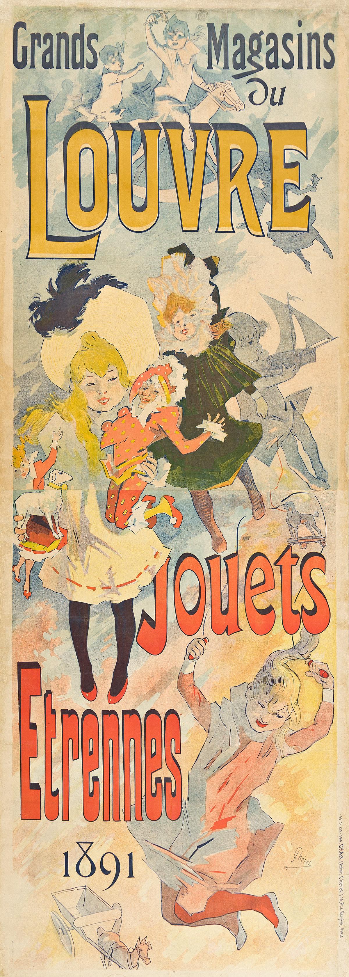 JULES CHÉRET (1836-1932).  GRANDS MAGASINS DU LOUVRE / JOUETS ETRENNES. 1891. 94¾x34 inche (1 of 1)