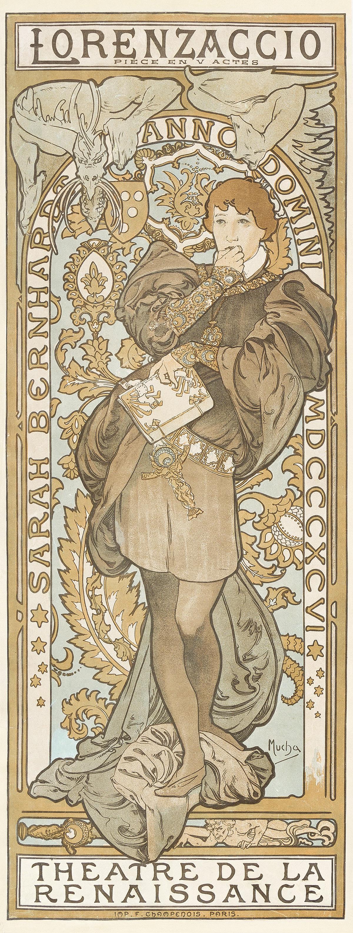 ALPHONSE MUCHA (1860-1939).  LORENZACCIO. 1896. 38¼x14¾ inches, 97x37½ cm. F. Champen (1 of 1)