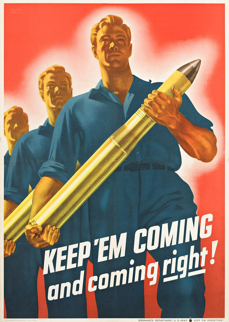 WEIMER PURSELL (1906-1974). KEEP 'EM COMING AND COMING RIGHT! 1942. 40x28½ inches, 101½x7: WEIMER PURSELL (1906-1974) KEEP 'EM COMING AND COMING RIGHT! 1942. 40x28½ inches, 101½x72½ cm. U.S. Government Printing Office, [Washington, D.C.] Condition B+ / A-: creases, abrasions