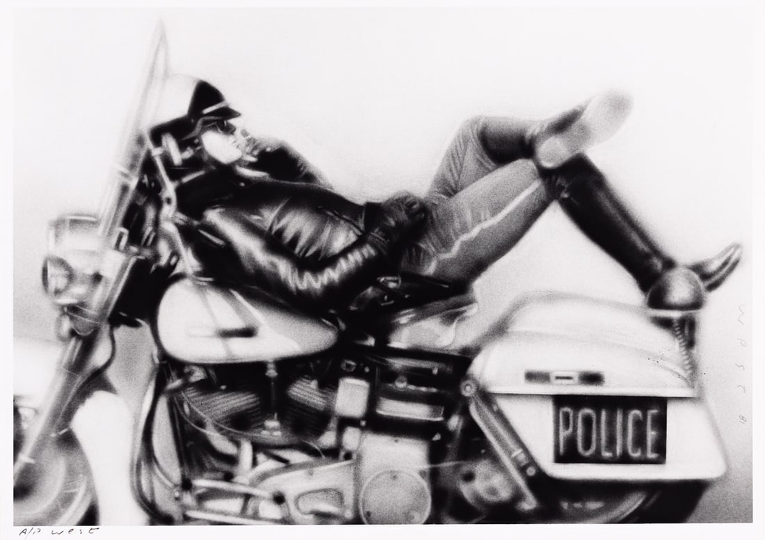 RANDAL (RANDY) WEST (DATES UNKNOWN) Reclining cop on motorcycle.: RANDAL (RANDY) WEST (DATES UNKNOWN) Reclining cop on motorcycle. Photographic copy print of a poster. 1981. 280x355 mm; 11x14 inches. Artist's proof signed "A/P West" and marked "West 81" in the image