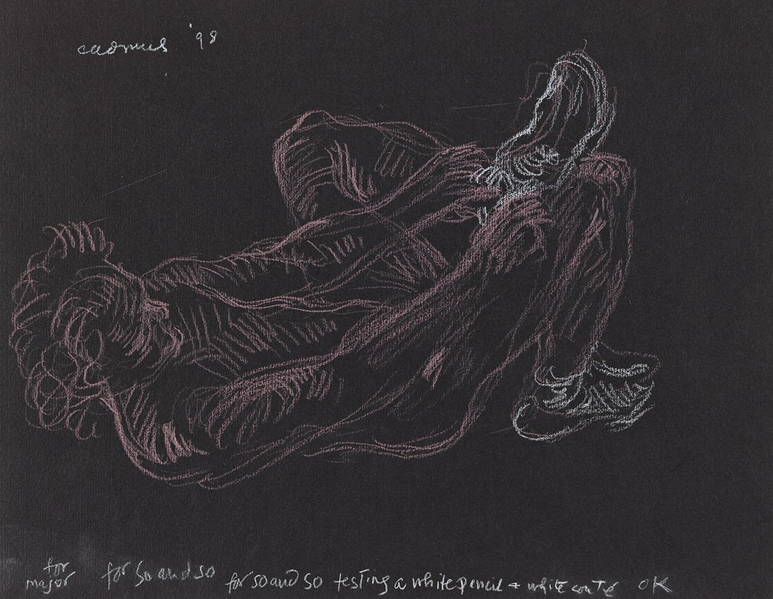 PAUL CADMUS (1904-1999) Nude on his back, Putting on Sneakers.: PAUL CADMUS (1904-1999) Nude on his back, Putting on Sneakers. Color chalks and white pencil on black wove paper. 285x365 mm; 11¼x14½ inches. Signed and dated in white pencil, upper left rec