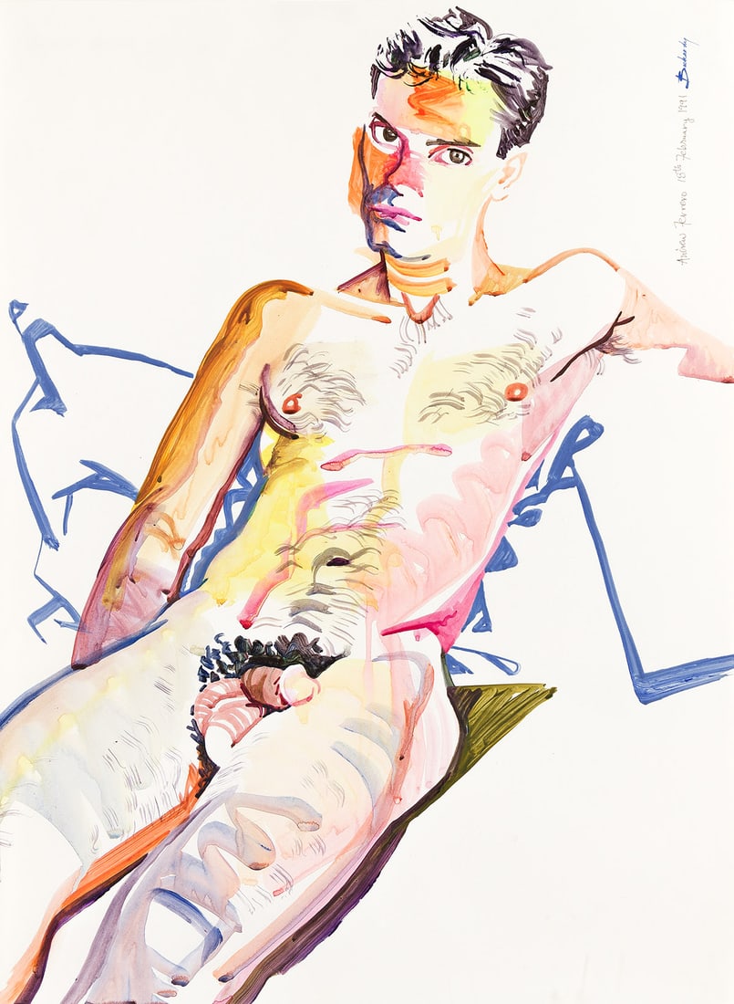 DON BACHARDY (1934 - ) Portrait of Andrew Ferrero.: DON BACHARDY (1934 - ) Portrait of Andrew Ferrero. Watercolor on cream wove paper. 760x560 mm; 30x22 inches. Signed in watercolor, upper right recto, and signed and dated in ink by the sitter, upper r