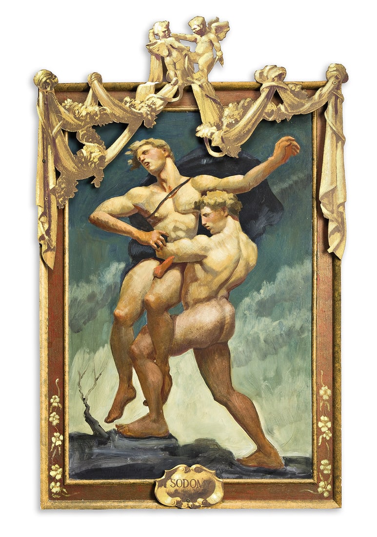 MARK BEARD (1956 - ) Sodomy.: MARK BEARD (1956 - ) Sodomy. Oil on masonite in artist's original frame. 1195x740 mm; 47x29 inches. 1994.Provenance: Private collection, Philadelphia.Born in Salt Lake City, Mark Beard uses multiple a