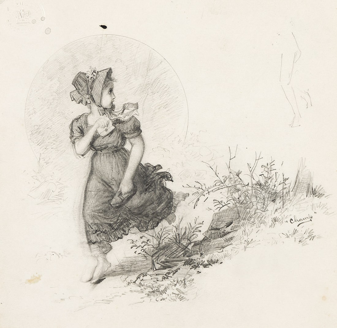 JAMES WELLS CHAMPNEY Sketchbook with pencil and crayon drawings.: JAMES WELLS CHAMPNEY Sketchbook with pencil and crayon drawings. Sketchbook with approximately 120 pencil or crayon drawings. 255x200 mm; 10x8 inches. With—A group of approximately 60 additional