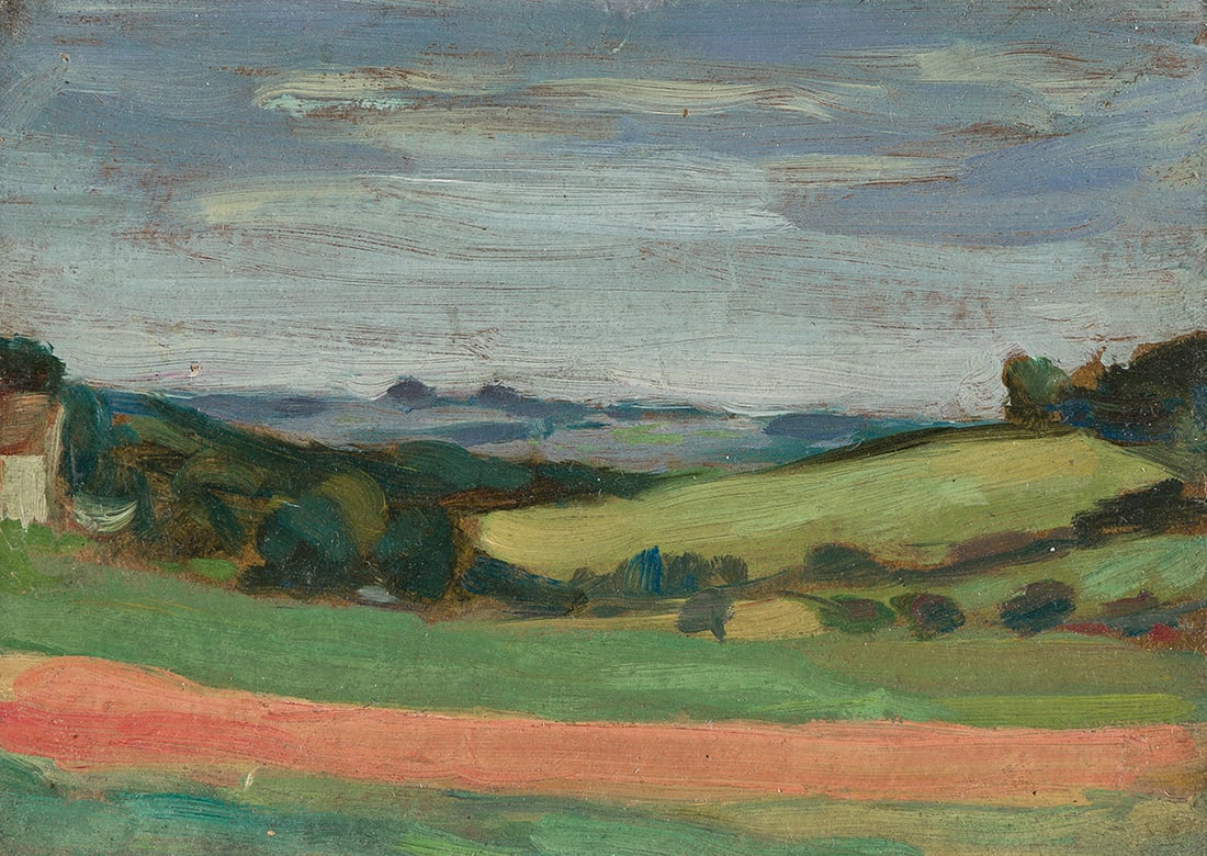 THOMAS ANSHUTZ Group of 4 oils on board.: THOMAS ANSHUTZ Group of 4 oils on board. Picnic: Landscape with Figures--Landscape in Red and Ochre, double-sided * Harbor Scene * Landscape with White Clouds. Each 191x254 mm; 7½x10 inches * Lan