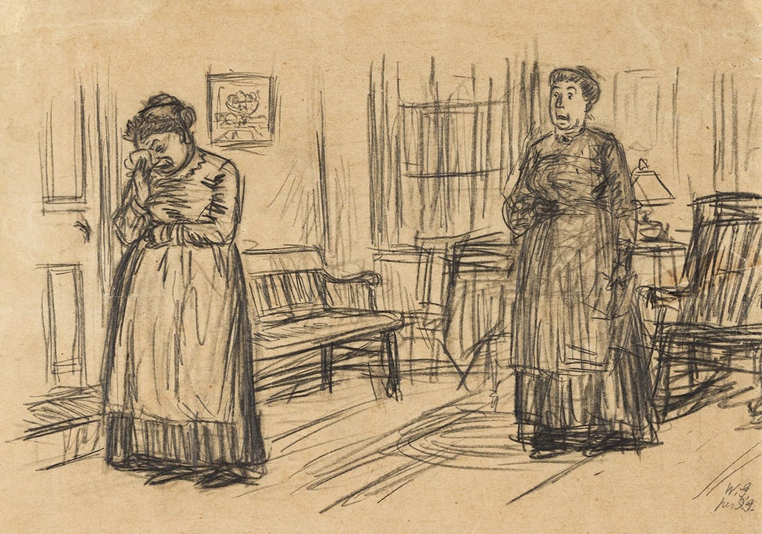 WILLIAM GLACKENS Interior Scene with Two Women Conversing.: WILLIAM GLACKENS Interior Scene with Two Women Conversing. Crayon and pencil on tan wove paper. 235x315 mm; 9¼x12¼ inches. Inscribed "W.G. per IG" in pencil by Ira Glackens, the artist's son