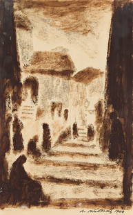 ABRAHAM WALKOWITZ Group of 5 works on paper.: ABRAHAM WALKOWITZ Group of 5 works on paper. View of an Italian Village, gouache and ink, 1900. Signed and dated in ink, lower right * Figures at the Edge of a Village, monoprint in brown and black in