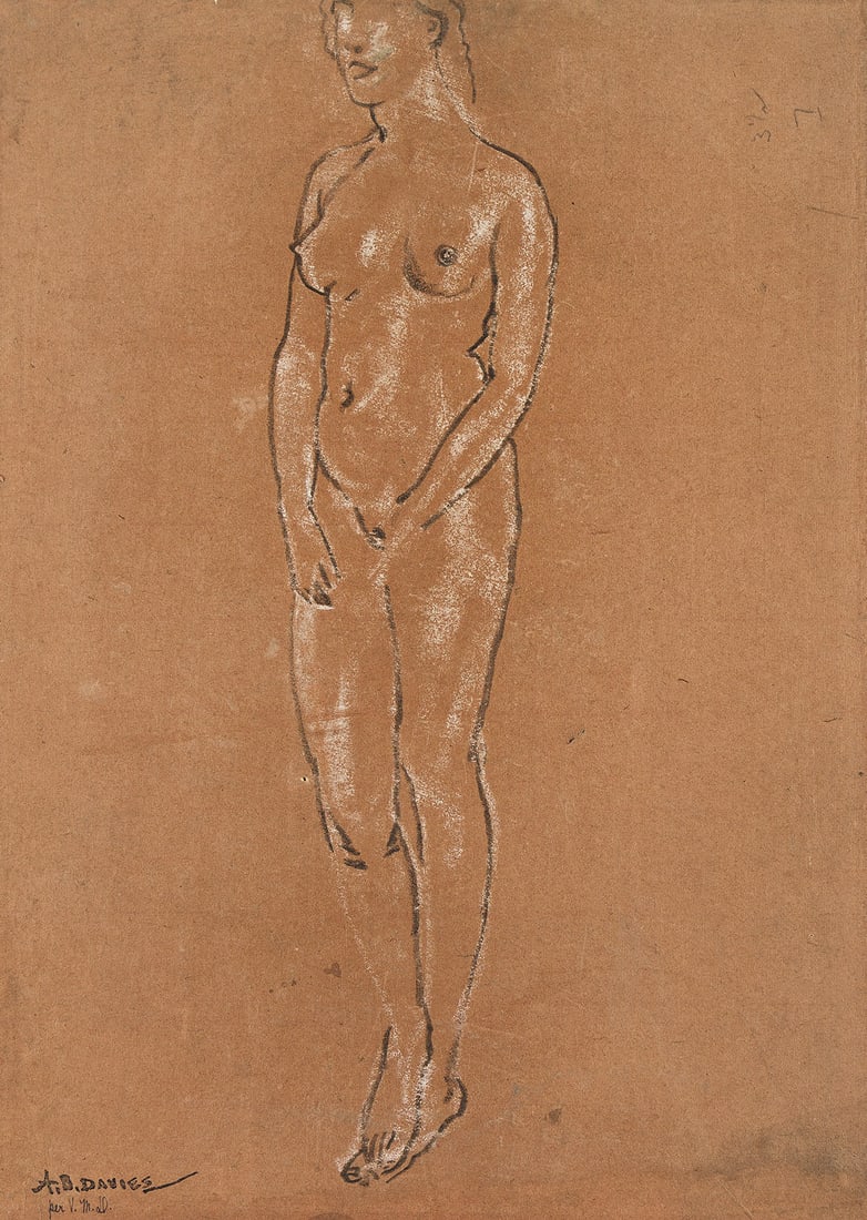 ARTHUR B. DAVIES Standing Nude.: ARTHUR B. DAVIES Standing Nude. Charcoal and color pastels on tan wove paper. 460x350 mm; 18â…›x13¼ inches. With the artist's estate ink stamp and inscribed "per V.M.D." by the artist's wido