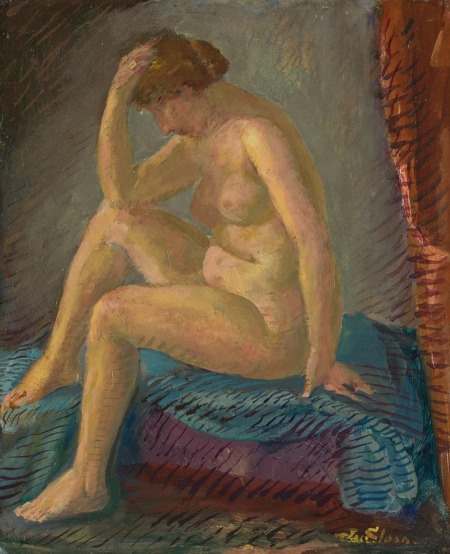 JOHN SLOAN Nude Sketch (Seated Female Nude).: JOHN SLOAN Nude Sketch (Seated Female Nude). Oil on board. 280x230 mm; 11x9 inches. Signed in oil, lower right recto. Provenance: Kraushaar Galleries, New York, with the label; Gervaise Butler, New Yo