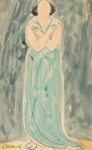 ABRAHAM WALKOWITZ Isadora Duncan, with Arms Crossed.: ABRAHAM WALKOWITZ Isadora Duncan, with Arms Crossed. Watercolor, pen and ink and pencil on cream wove paper, circa 1910-20. 340x221 mm; 13½x9 inches. Signed in ink, lower left recto. Provenance: