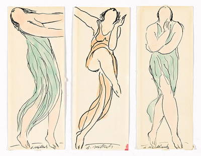 ABRAHAM WALKOWITZ Group of 5 watercolors of Isadora Duncan.: ABRAHAM WALKOWITZ Group of 5 watercolors of Isadora Duncan. Each watercolor and pen and ink on paper, circa 1910-20. Each signed in ink, lower recto. Various sizes and conditions. Provenance (all): Pr