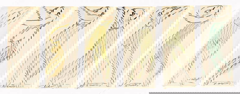 ABRAHAM WALKOWITZ Group of 6 watercolors of Isadora Duncan.: ABRAHAM WALKOWITZ Group of 6 watercolors of Isadora Duncan. Each watercolor and pen and ink on paper, circa 1910-20. Each approximately 175x66 mm; 7x2¾ inches. Each signed in ink, lower recto. Pr