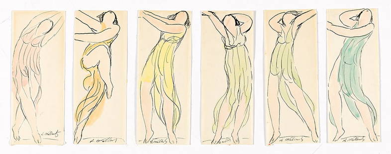 ABRAHAM WALKOWITZ Group of 6 watercolors of Isadora Duncan.: ABRAHAM WALKOWITZ Group of 6 watercolors of Isadora Duncan. Each watercolor and pen and ink on paper, circa 1910-20. Each approximately 175x66 mm; 7x2¾ inches. Each signed in ink, lower recto. Pr