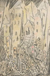 ABRAHAM WALKOWITZ Abstract Cityscape, Night.: ABRAHAM WALKOWITZ Abstract Cityscape, Night. Pencil and color crayons on cream wove paper, 1914. 280x205 mm; 11x8 inches. Signed and dated in ink, lower right recto. Provenance: Jack Rutberg Fine Arts