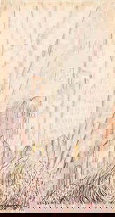 ABRAHAM WALKOWITZ Abstract Cityscape, Day.: ABRAHAM WALKOWITZ Abstract Cityscape, Day. Watercolor and crayon on cream wove paper. 345x182 mm; 13½x7¼ inches. Signed in ink, lower right recto, and initialed in pencil, lower left recto.