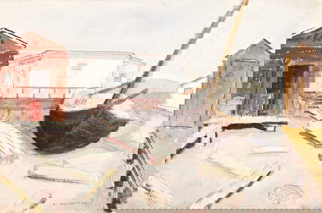 ABRAHAM WALKOWITZ By the Docks.: ABRAHAM WALKOWITZ By the Docks. Watercolor and charcoal on cream wove paper. 370x556 mm; 14½x22 inches. Signed in ink, lower right recto. Provenance: Acquired directly from the artist's estate, N