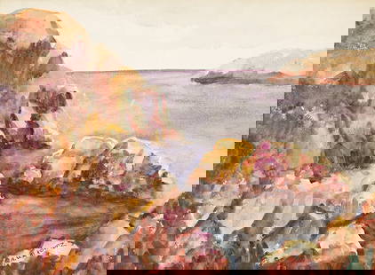 ABRAHAM WALKOWITZ View of a Rocky Coast (Ogunquit, Maine).: ABRAHAM WALKOWITZ View of a Rocky Coast (Ogunquit, Maine). Watercolor and gouache on wove paper, circa 1920. 420x570 mm; 16¼x22¼ inches. Signed in ink, lower right recto. Provenance: Private