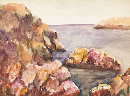 ABRAHAM WALKOWITZ View of a Rocky Coast (Ogunquit, Maine).: ABRAHAM WALKOWITZ View of a Rocky Coast (Ogunquit, Maine). Watercolor and gouache on wove paper, circa 1920. 420x570 mm; 16¼x22¼ inches. Signed in ink, lower right recto. Provenance: Private