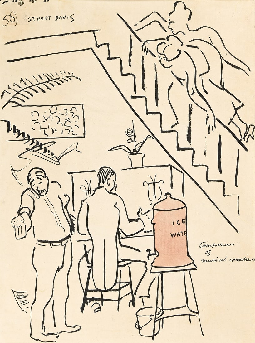 STUART DAVIS Composers of Musical Comedy.: STUART DAVIS Composers of Musical Comedy. Brush and ink on Strathmore laid paper, circa 1920. 635x481 mm; 25x19 inches. Signed in ink, upper left recto and titled in ink, lower right recto and in penc