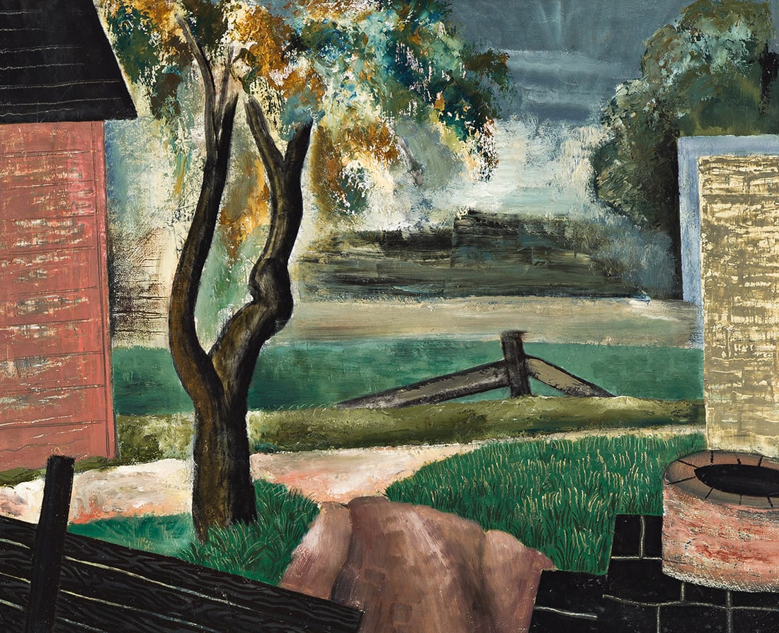 KONRAD CRAMER Farm Buildings.: KONRAD CRAMER Farm Buildings. Oil on board, circa 1930. 506x610 mm; 20x24 inches. Inscribed "Painting by my father Konrad Cramer- c. 1930" and signed by the artist's daughter, Aileen B. Cramer in ink,