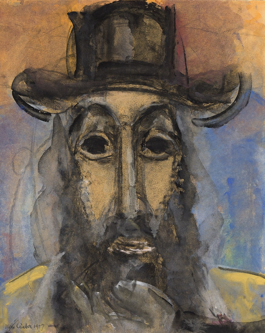 MAX WEBER Chasid.: MAX WEBER Chasid. Color pastels and wash with gouache on board, 1957. 430x350 mm; 16â…žx13¾ inches. Signed and dated in pencil, lower left recto. Provenance: Fox Gallery, New York; private co