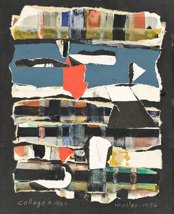 HANS MOLLER Collage #150C.: HANS MOLLER Collage #150C. Paper collage, ink and oil on illustration board, 1956. 366x275 mm; 14â…œx10â…ž inches. Signed, dated and titled in white pencil, lower recto. Provenance: Otto Gerso