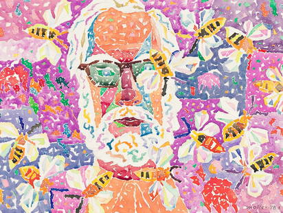 HANS MOLLER Self Portrait with Bees.: HANS MOLLER Self Portrait with Bees. Watercolor and pencil on cream wove paper, 1978. 458x605 mm; 18x24 inches. Signed and dated in ink, lower right recto. Provenance: Phillips, de Pury & Co., New Yor