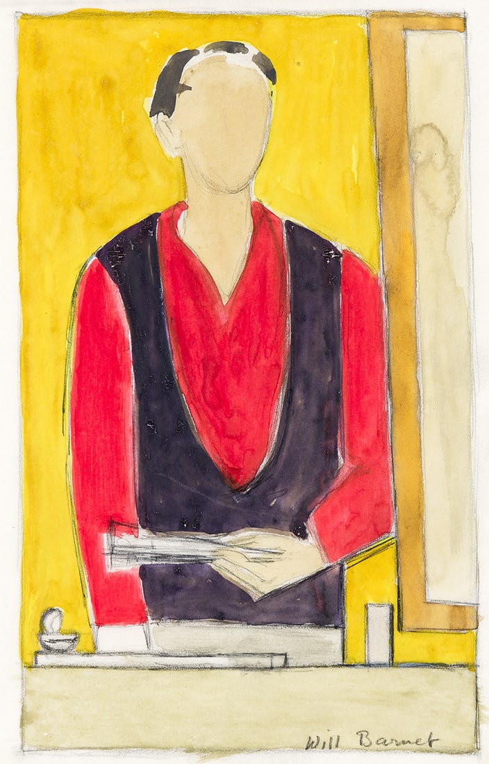 WILL BARNET Self-Portrait (Red).: WILL BARNET Self-Portrait (Red). Oil and pencil on paper, 1967. 280x215 mm; 11x8½ inches. Signed in pencil, lower right recto. Provenance: Babcock Galleries, New York, with the label; Tom Veilleu